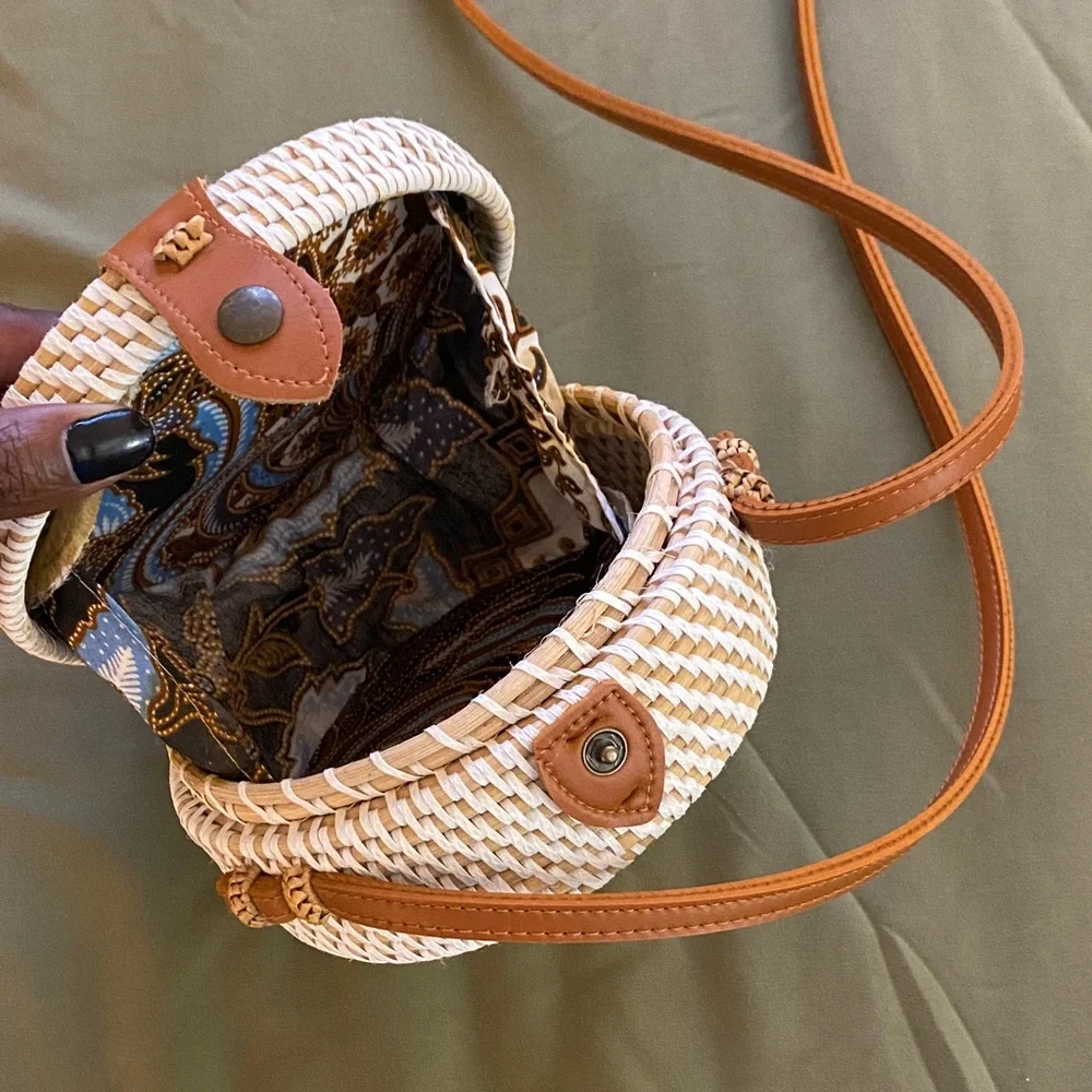 Round Woven Straw Bag with Tan Accents - Picture 2 of 3